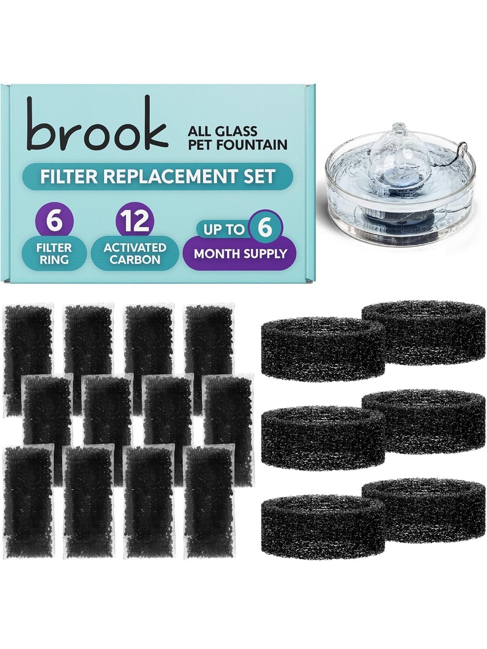 BROOK Glass Pet Fountain Filter Replacement Set 6 Filter Rings & 12 Activated
